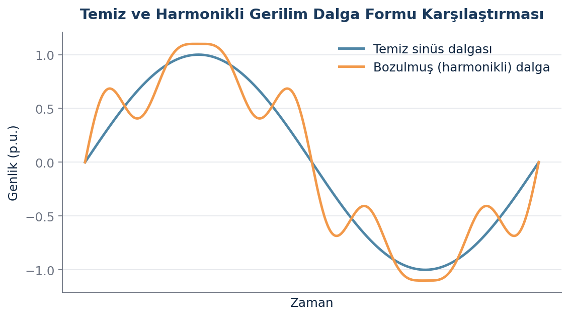 Temiz sinüs dalgası ile bozulmuş (harmonikli) dalga formunun karşılaştırmalı osiloskop grafiği.