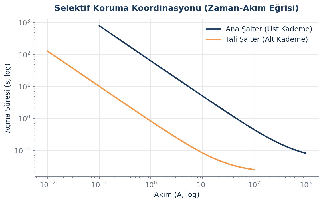 Selektif koruma koordinasyonunu gösteren zaman-akım eğrisi grafiği Bu tür bir görsel, şalt cihazı seçim ve koordinasyon çalışmalarında mühendislik ekipleri için pratik bir referans oluşturur ve karar sürecini hızlandırır.